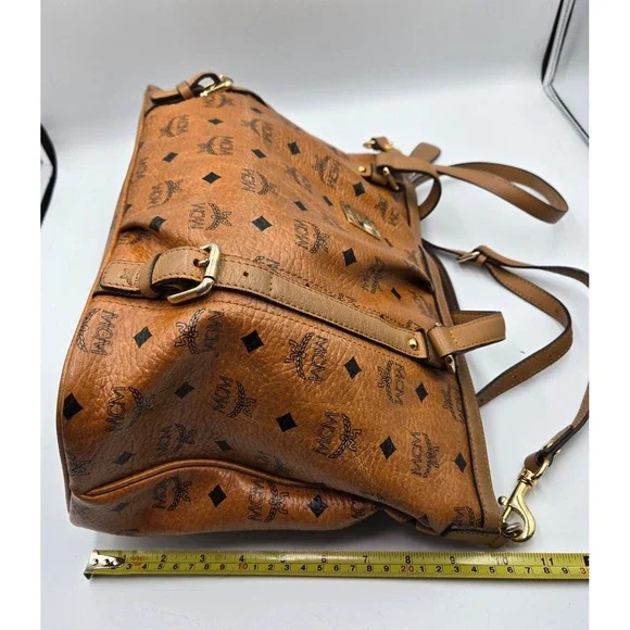 MCM Vintage Cognac Coated Canvas Leather Trimmed Shoulder Bag Tote Purse - Picture 3 of 12